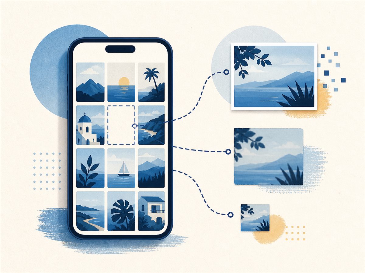 照片图库与不同质量副本的示意插画,用于说明照片找回路径