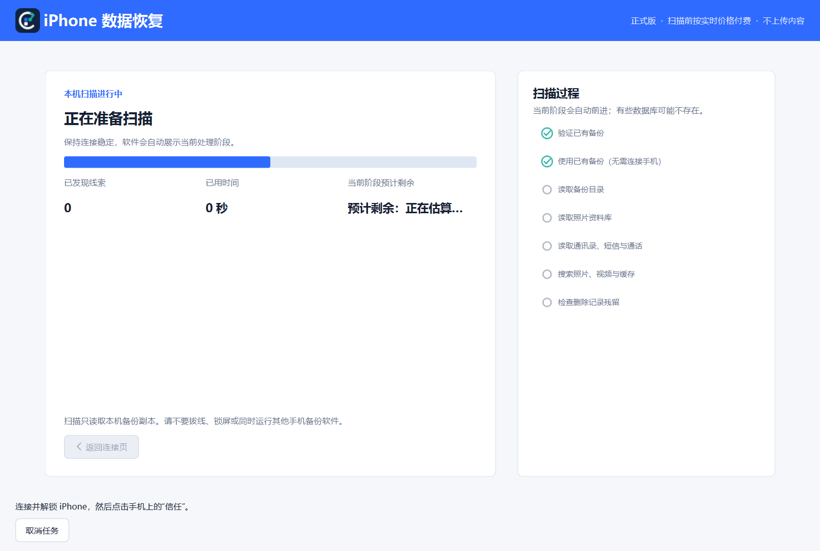 iPhone 数据恢复软件扫描过程页,展示当前阶段、进度和七个处理步骤